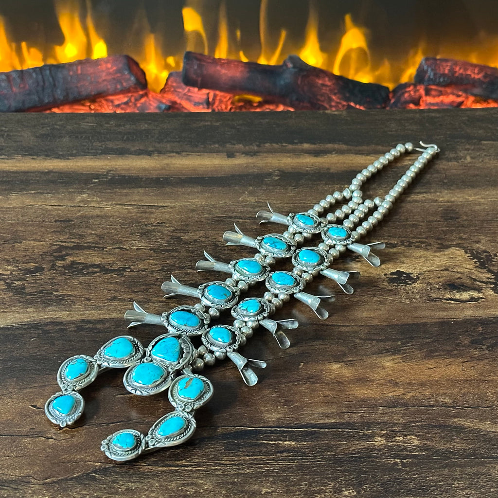 Vintage Turquoise 18 Stone Sterling Handmade Bead Twist Wire Leaf Squash Blossom