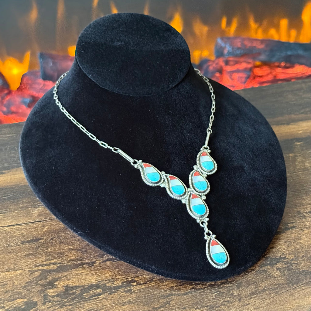 Zuni Lowsayatee 1990s Turquoise Mother of Pearl Red Coral Sterling Inlay Teardrop Necklace
