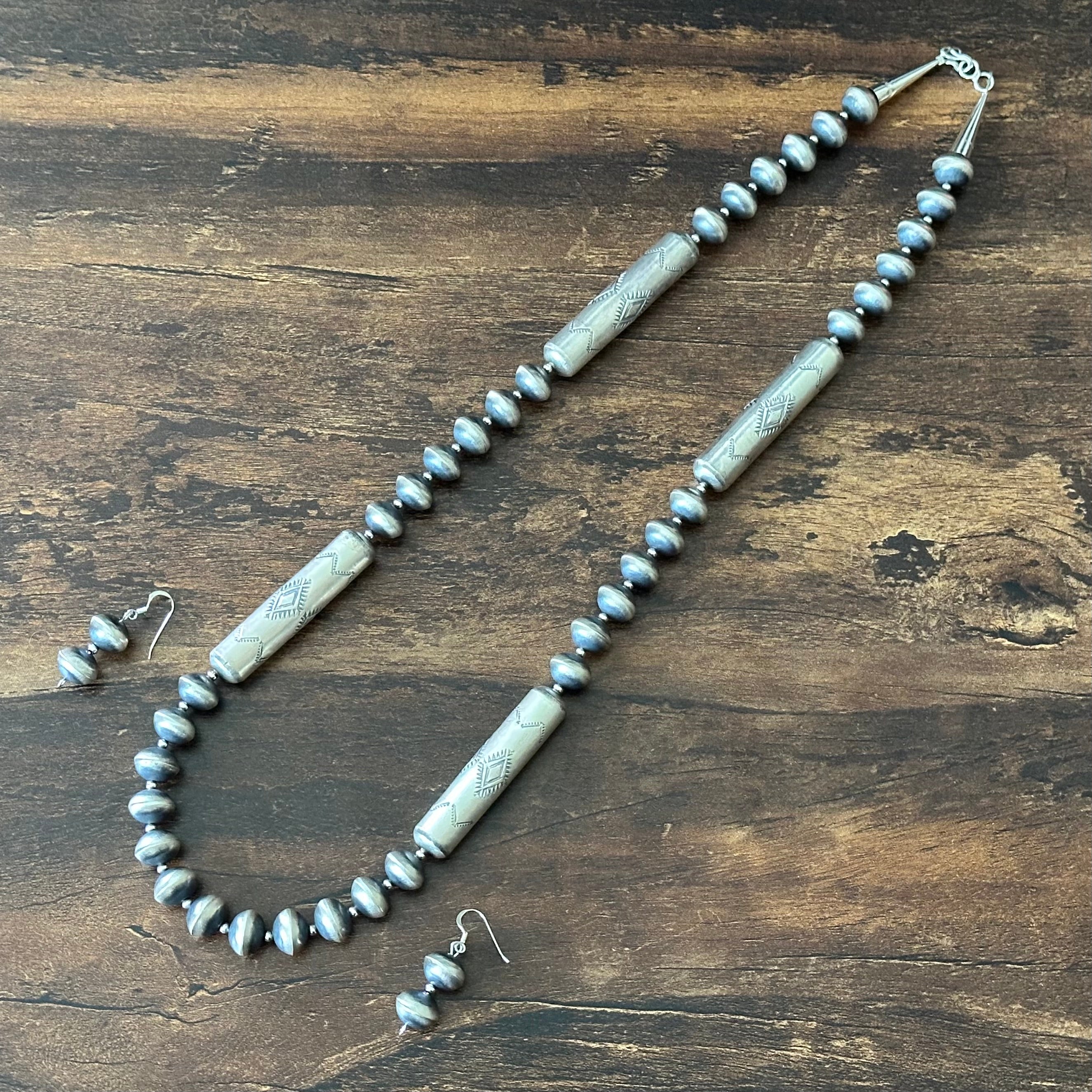 Navajo Sharon Cooley Sterling Handmade Stamped Cylinder Bead Necklace Earrings Set