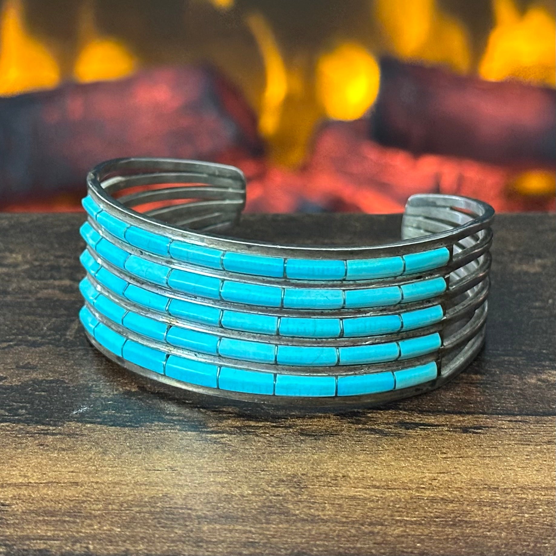 Zuni Anson & Leticia Wallace Turquoise 40 Stone Sterling 6 Shank Inlay Cuff