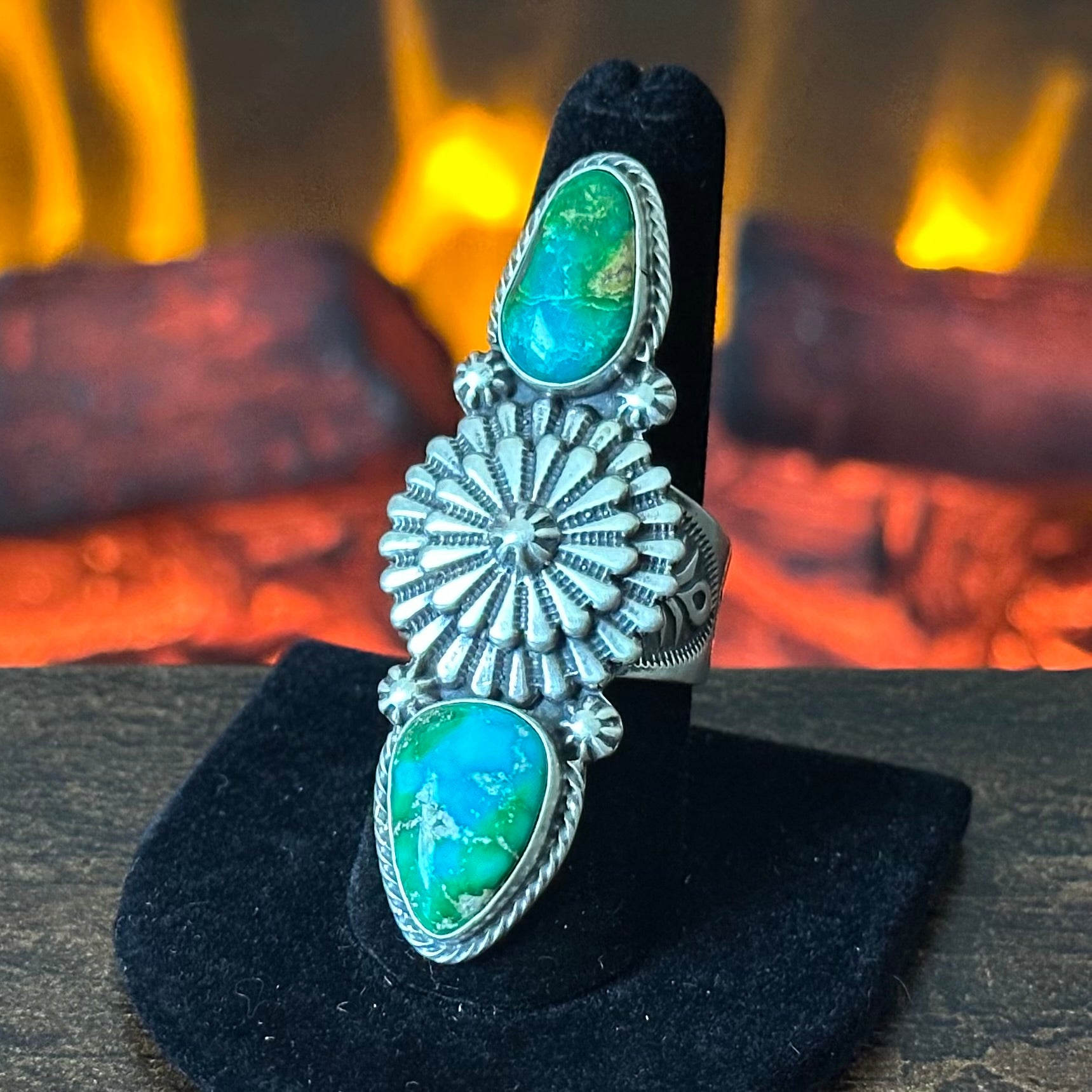 Navajo Samuel Yellowhair Sonoran Gold Turquoise Sterling Concho Ring