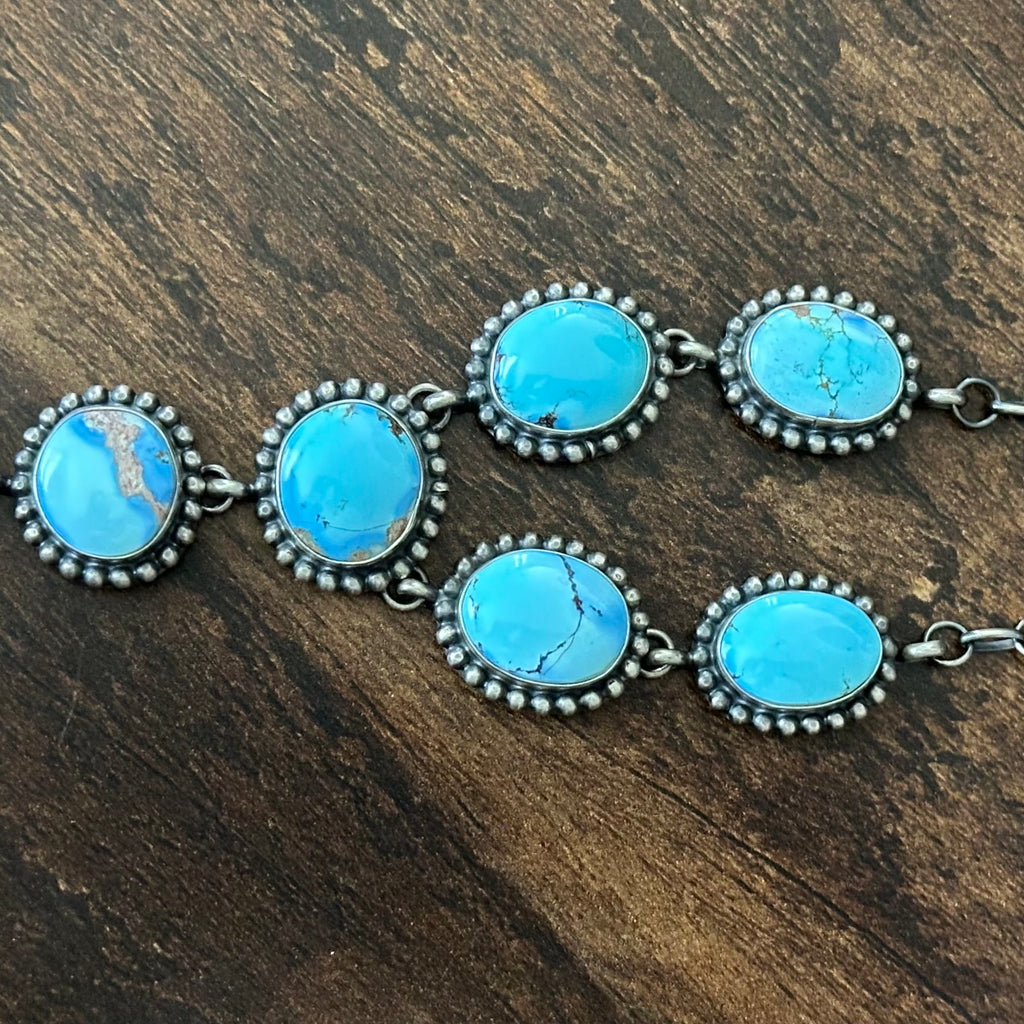 Navajo Mary Spencer Golden Hills Turquoise 7 Stone Sterling Lariat Necklace