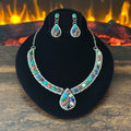 P.A. Signed Turquoise Amethyst Red Coral Garnet Mother of Pearl Malachite Lapis 31 Stone Sterling Hand Stamped Teardrop Necklace Earrings Set