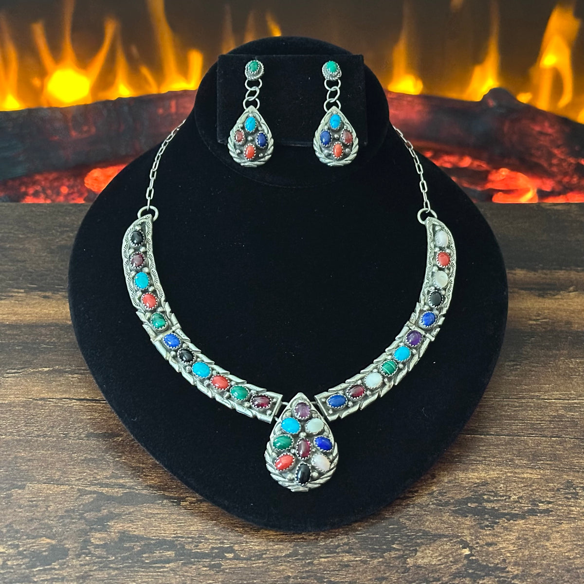 P.A. Signed Turquoise Amethyst Red Coral Garnet Mother of Pearl Malachite Lapis 31 Stone Sterling Hand Stamped Teardrop Necklace Earrings Set