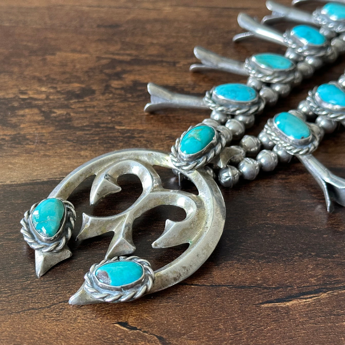 Vintage Turquoise 15 Stone Sterling Handmade Bead Sandcast Twist Wire Squash Blossom
