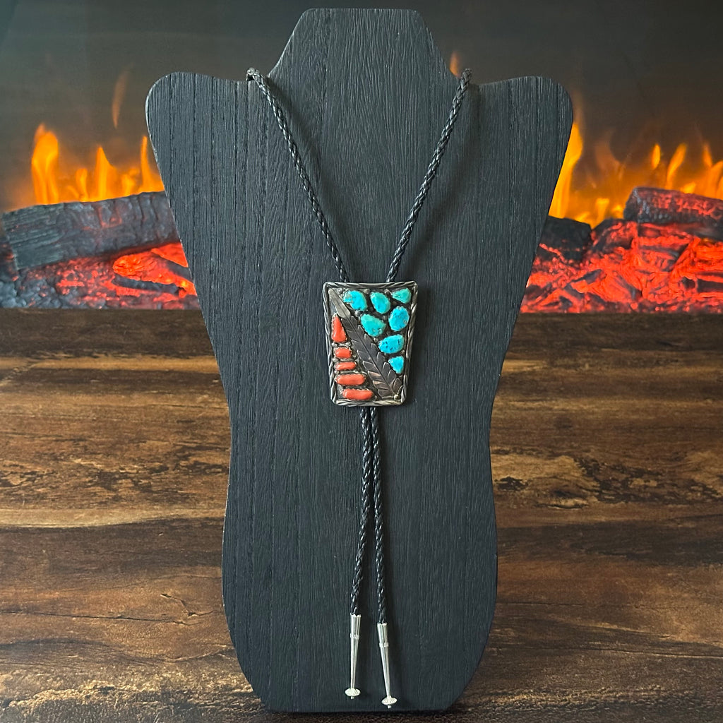 Vance Signed Turquoise Red Coral 12 Stone Sterling Hand Stamped Bezel Leaf Bolo Tie