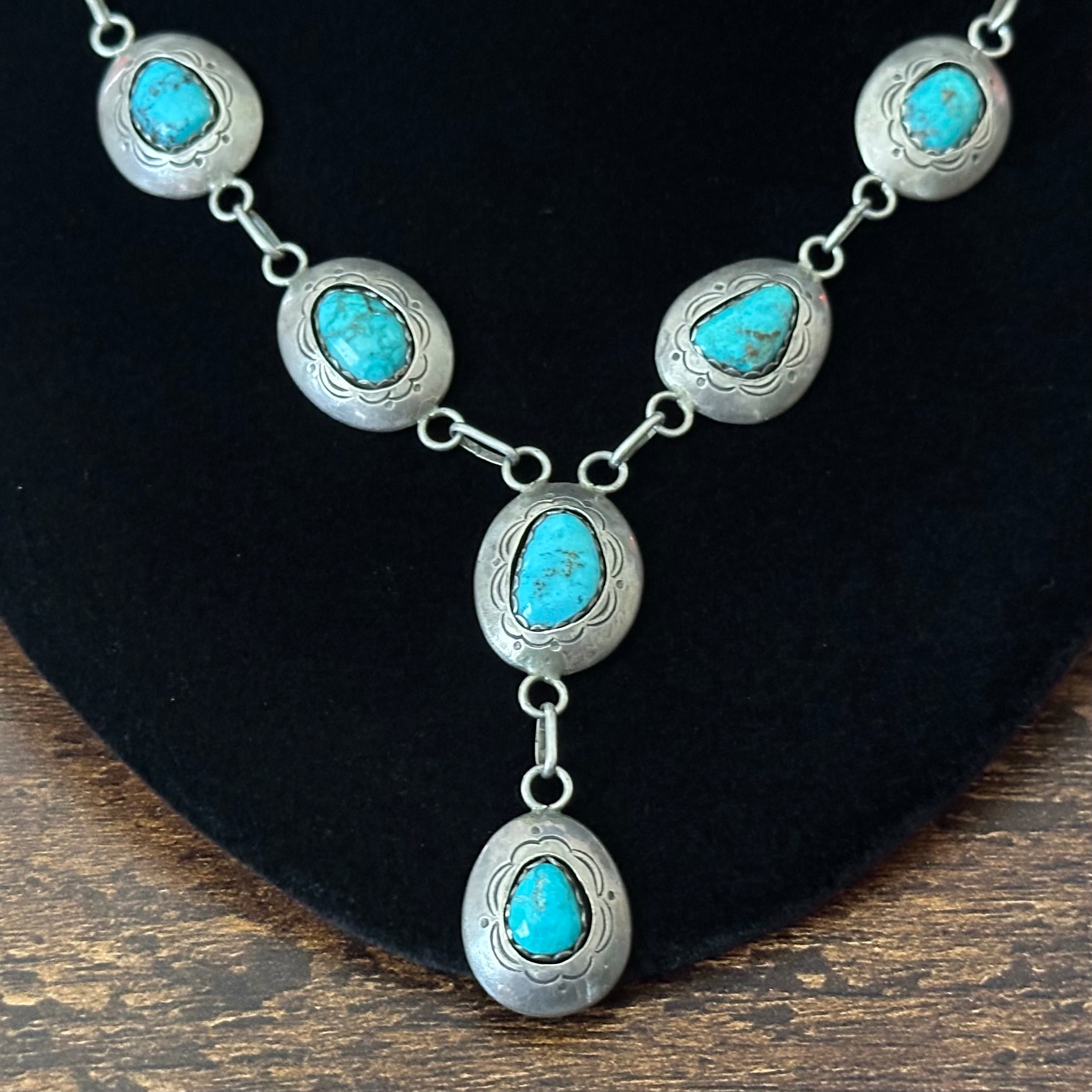 Navajo Jefferson James Turquoise 8 Stone Sterling Hand Stamped Shadowbox Lariat Necklace