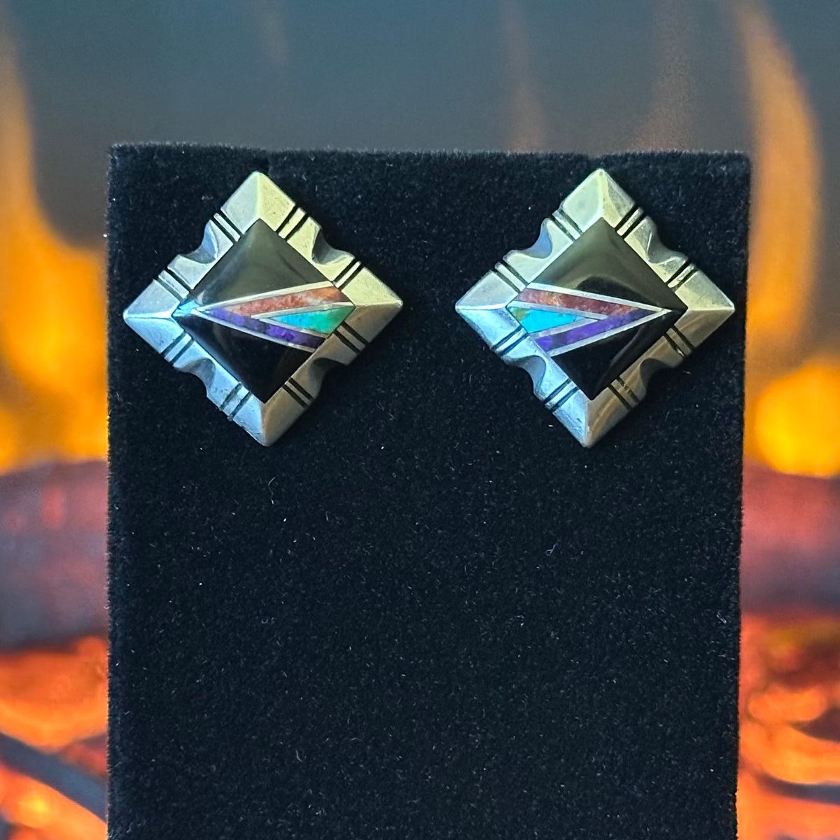 Navajo Gilbert Nelson Turquoise Onyx Spiny Oyster Sterling Square Inlay Stud Earrings