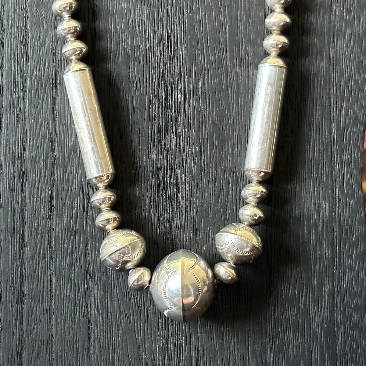 Sterling Handmade Graduated Hand Stamped Cylinder Bead Necklace