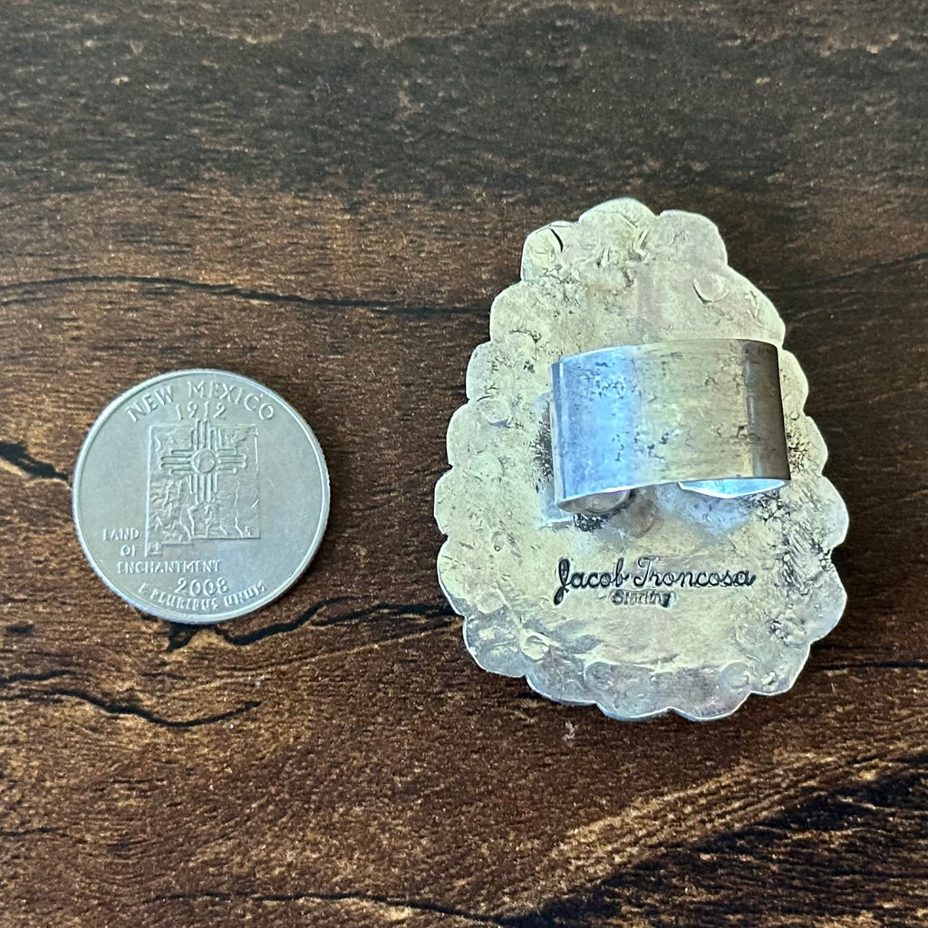 San Felipe Jacob Troncosa Webbed Turquoise Sterling Hand Stamped Adjustable Statement Ring