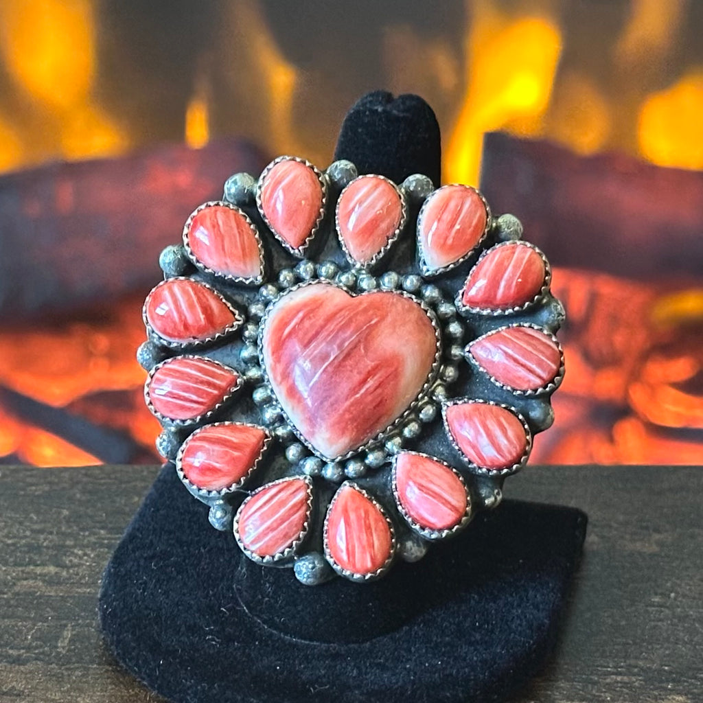Navajo Marlene Jones Red-Orange Spiny Oyster 14 Stone Sterling Cluster Heart Statement Ring