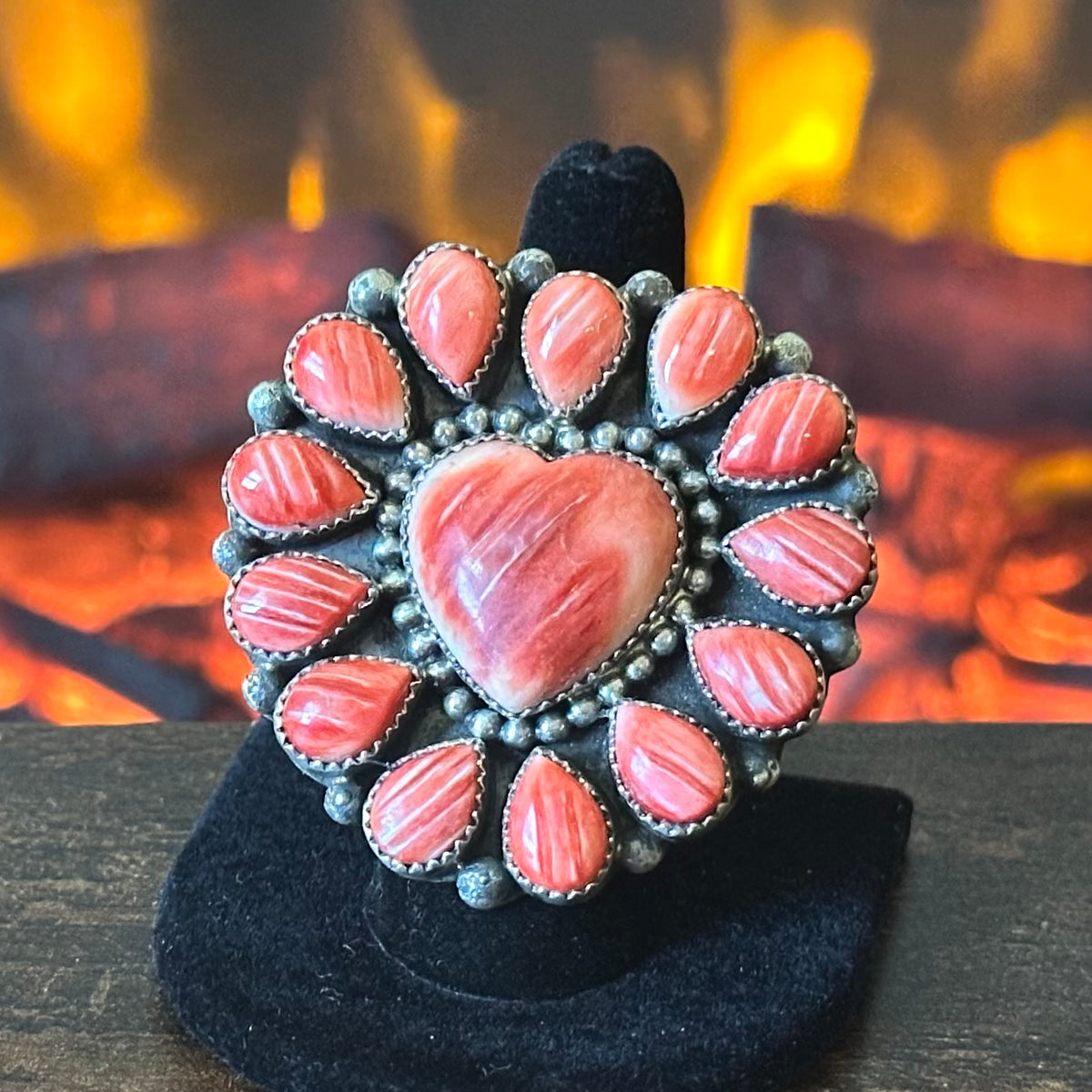Navajo Marlene Jones Red-Orange Spiny Oyster 14 Stone Sterling Cluster Heart Statement Ring