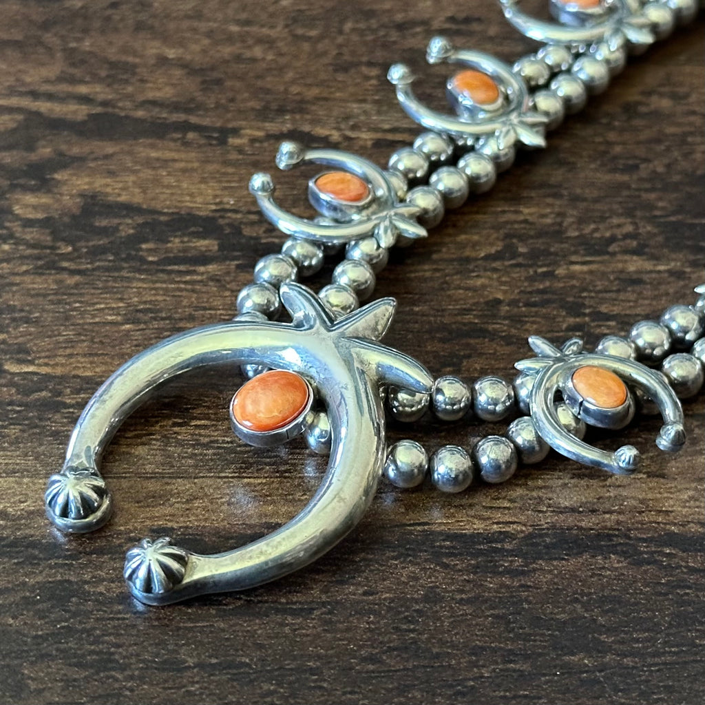 Navajo Steve Francisco Orange Spiny Oyster 9 Stone Sterling Naja Necklace