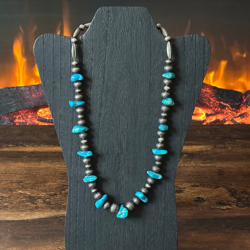 Vintage Turquoise 13 Nugget Sterling Torpedo Bench Bead Necklace