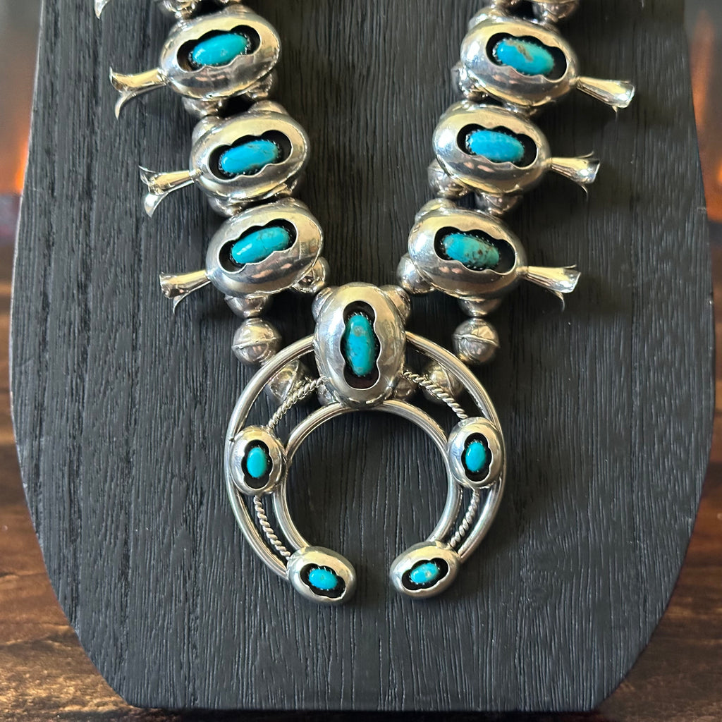 Navajo Marie Kirlie Turquoise 19 Stone Sterling 10mm Handmade Bead Shadowbox Squash Blossom Earrings Set