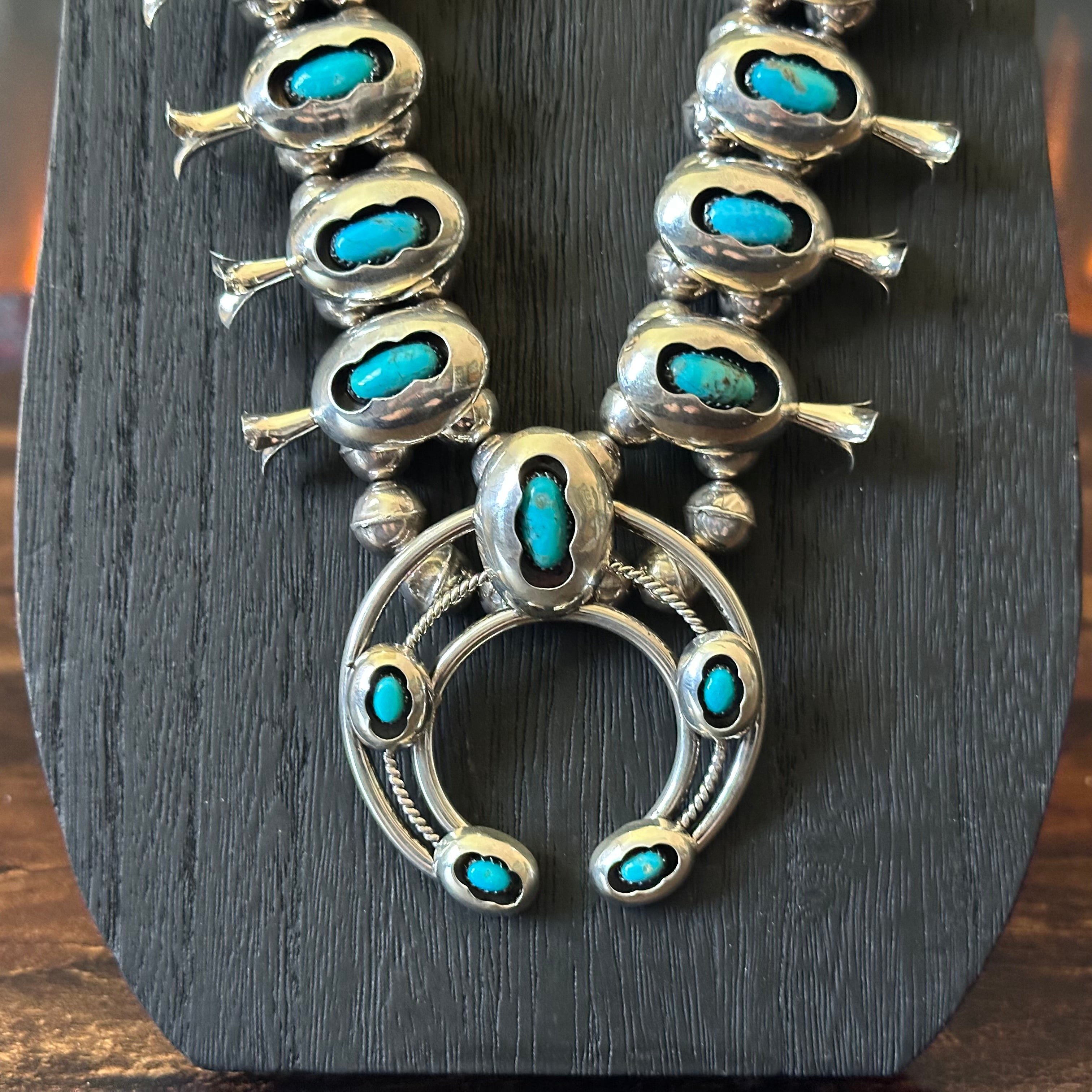Navajo Marie Kirlie Turquoise 19 Stone Sterling 10mm Handmade Bead Shadowbox Squash Blossom Earrings Set
