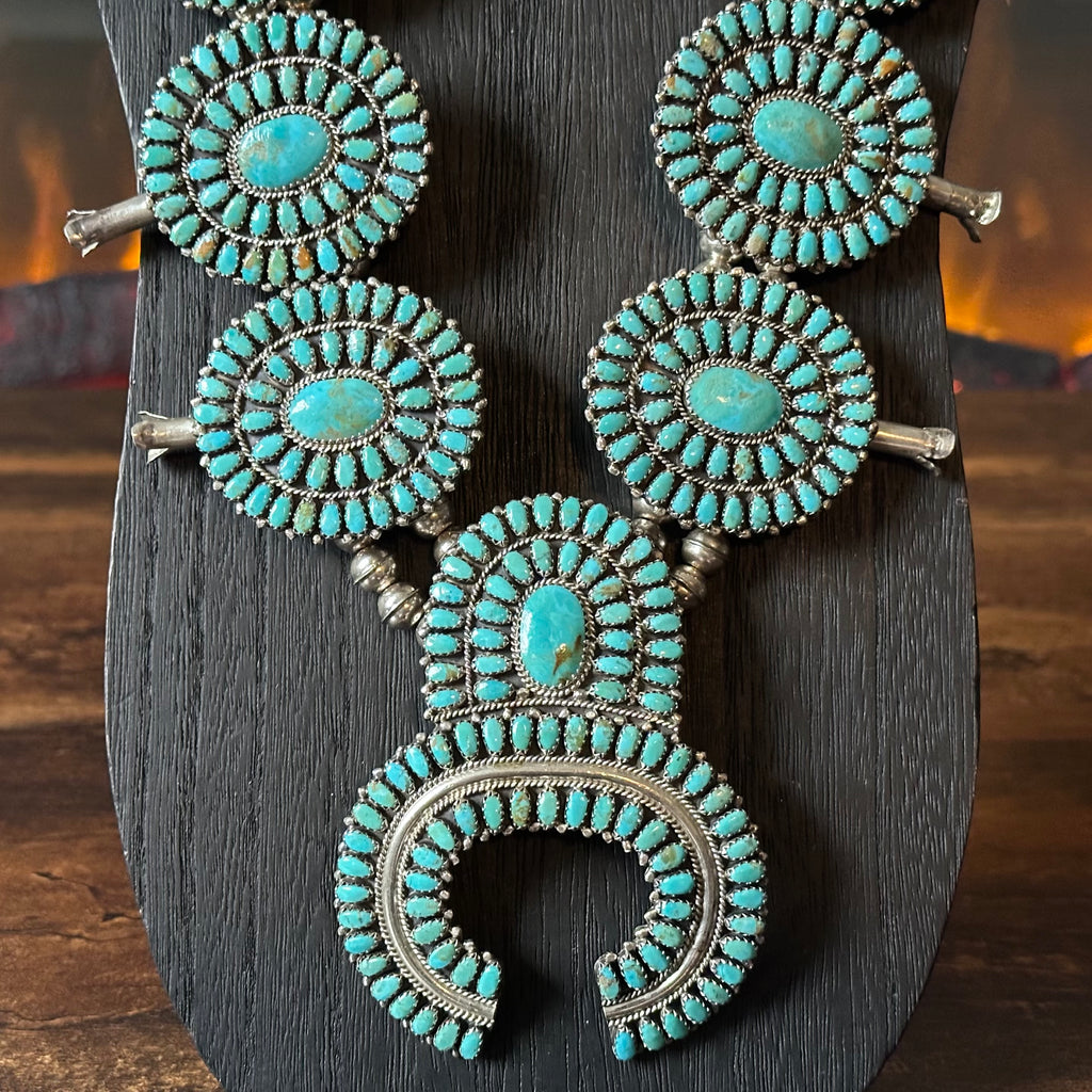 Navajo Larry Moses Begay Turquoise 473 Stone Sterling Petite Point Cluster Squash Blossom Necklace