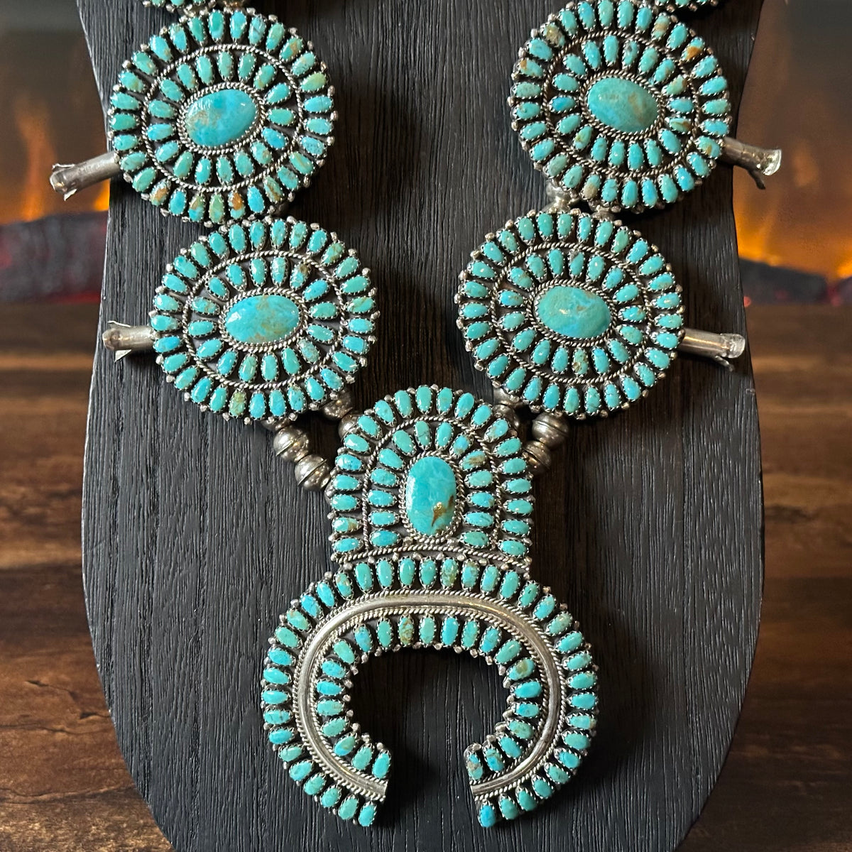 Navajo Larry Moses Begay Turquoise 473 Stone Sterling Petite Point Cluster Squash Blossom Necklace