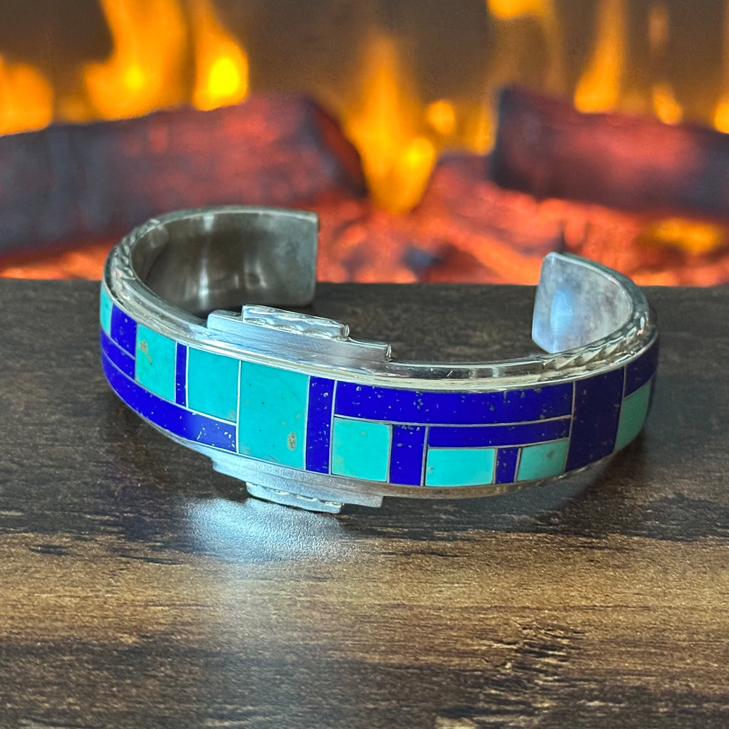 Zuni Rickell & Glendora Booqua Turquoise Lapis Sterling Wraparound Inlay Cuff