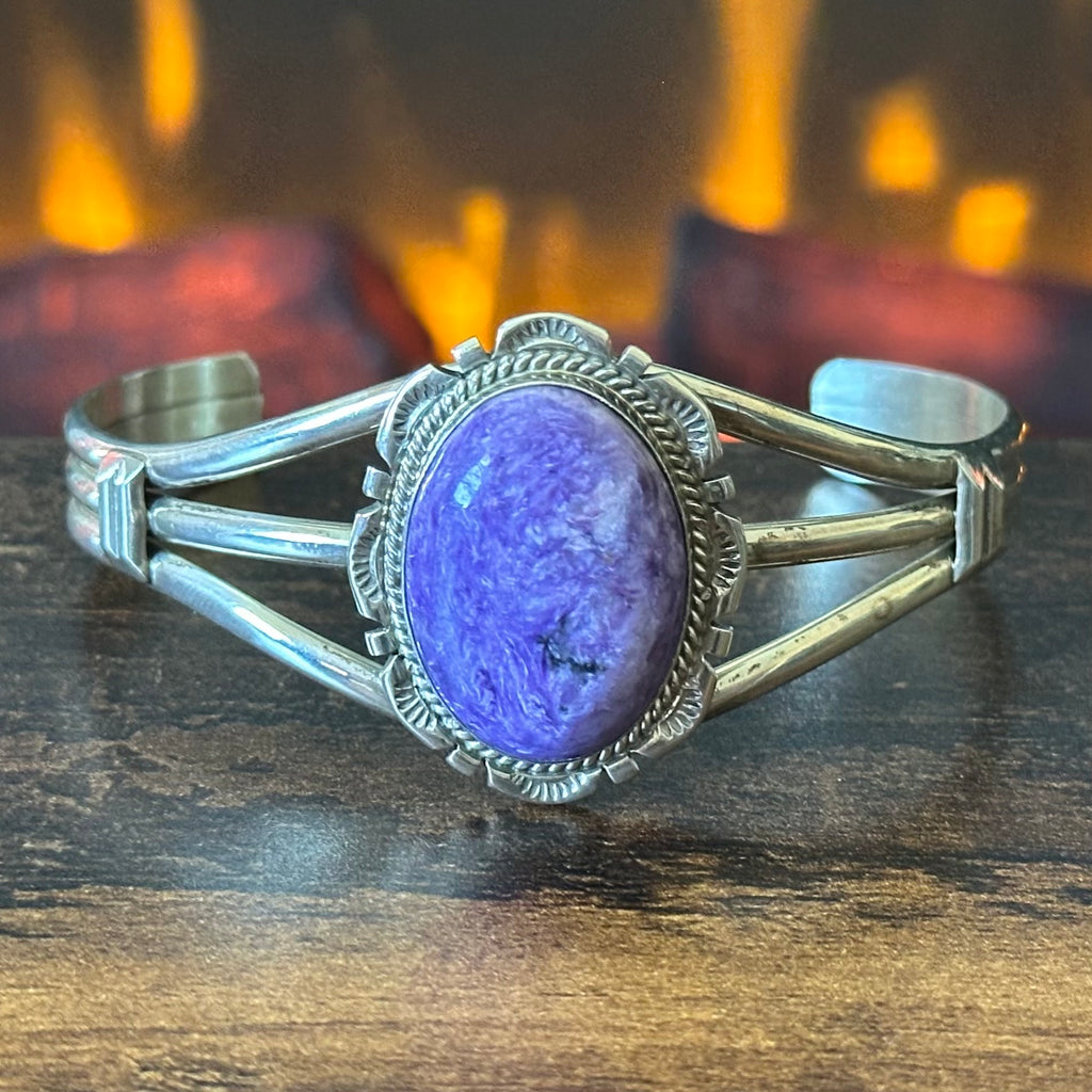 AL Signed Charoite Sterling Twist Hand Stamped Twist Wire Cuff