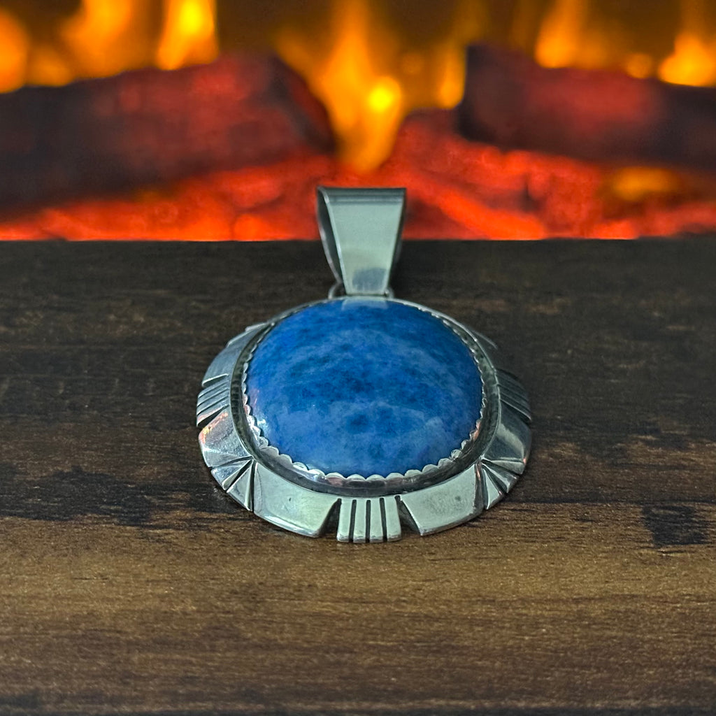 F Signed Denim Lapis Sterling Shadowbox Twist Wire Bezel Statement Pendant