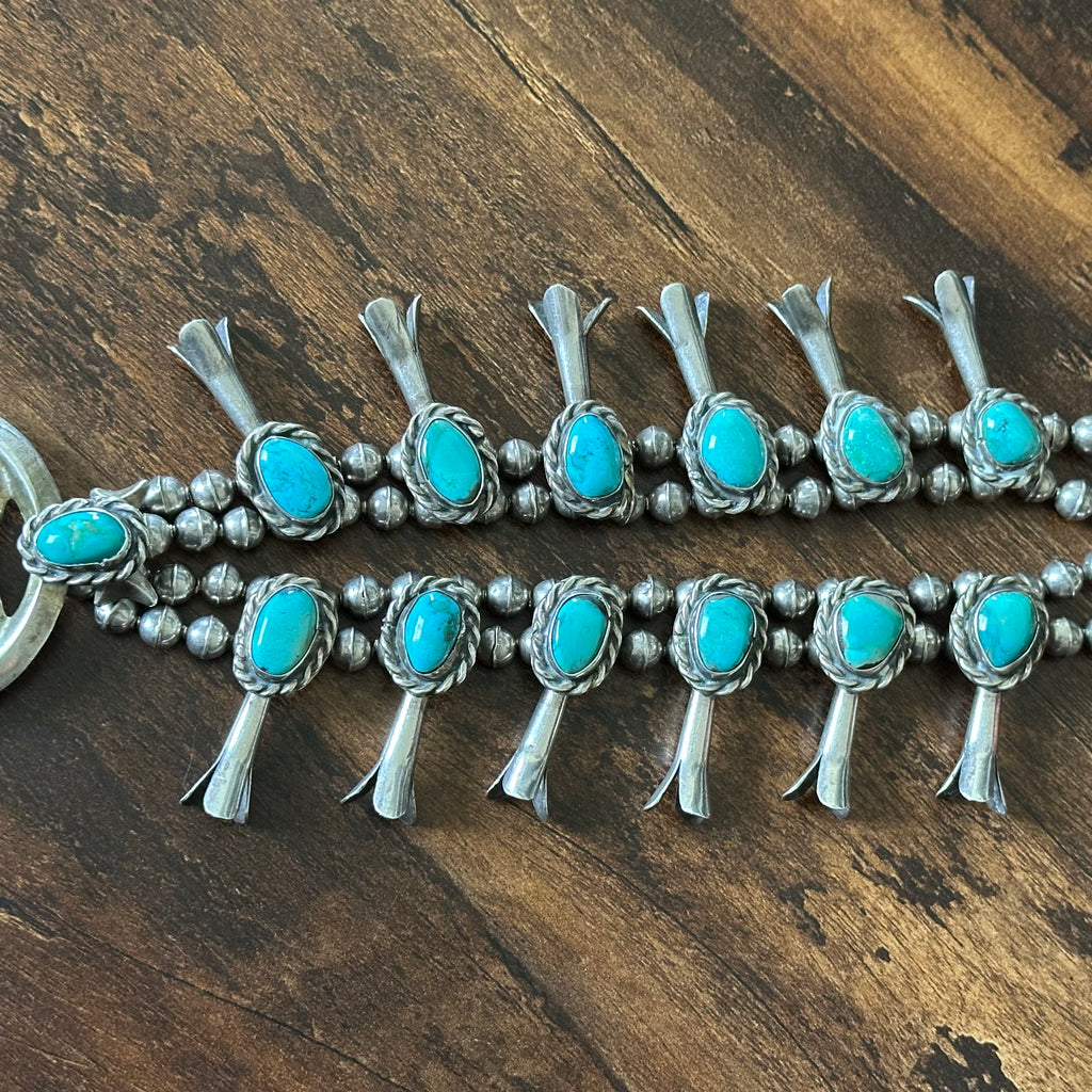 Vintage Turquoise 15 Stone Sterling Handmade Bead Sandcast Twist Wire Squash Blossom
