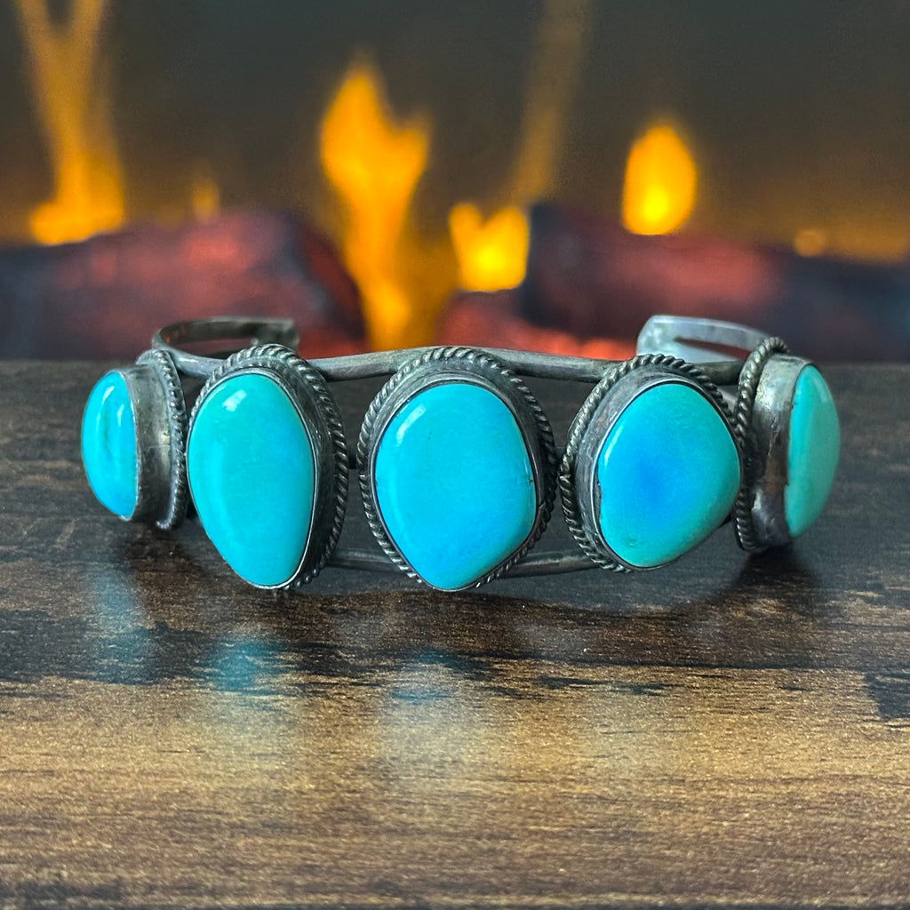 Vintage Turquoise 5 Stone Sterling Twist Wire Bezel Cuff