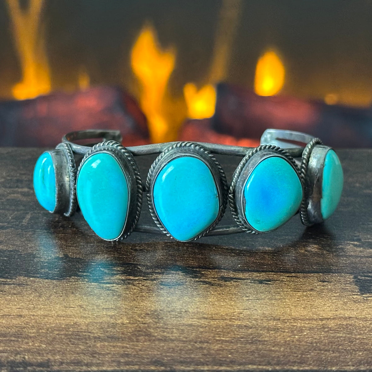 Vintage Turquoise 5 Stone Sterling Twist Wire Bezel Cuff