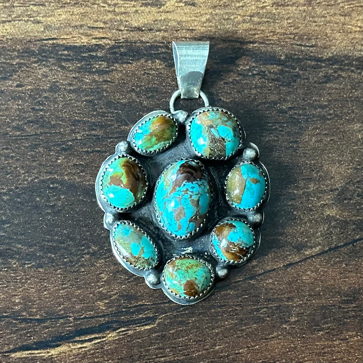 Navajo Jolene Begay Royston Turquoise 8 Stone Sterling Cluster Pendant
