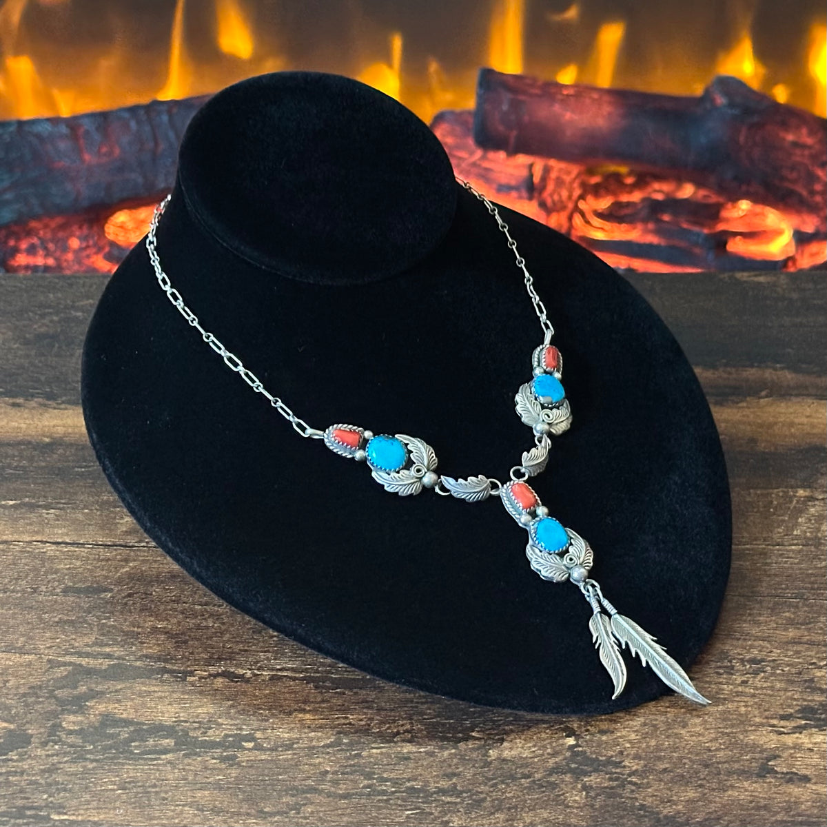 R. Wylie Signed Turquoise Red Coral 6 Stone Sterling Feather Necklace