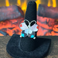 Zuni J Dishta Mother of Pearl Jet Red Coral Turquoise Sterling Butterfly Inlay Ring