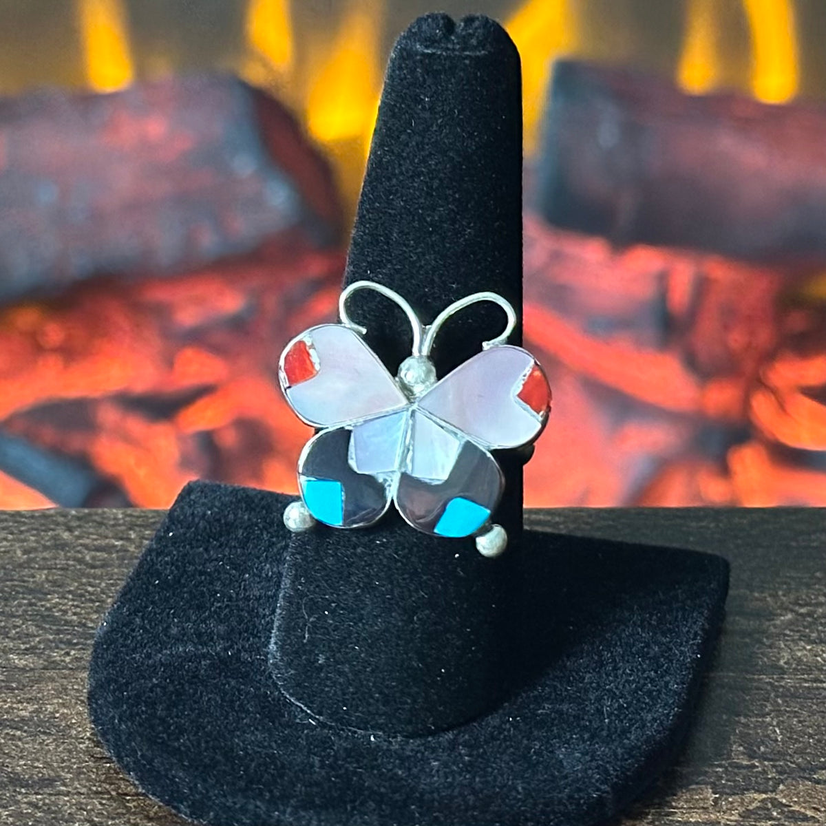 Zuni J Dishta Mother of Pearl Jet Red Coral Turquoise Sterling Butterfly Inlay Ring