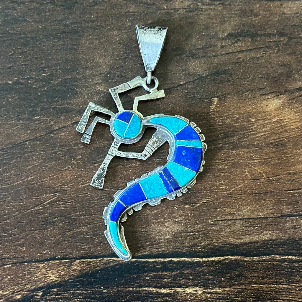 Turquoise Lapis Sterling Kokopelli Inlay Pendant