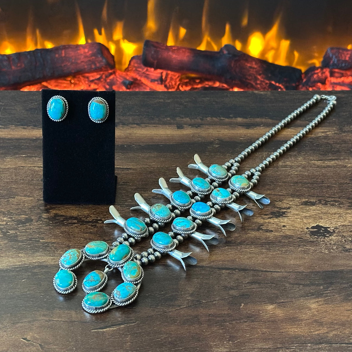 Navajo Elouise Kee Mine #8 Turquoise 18 Stone Sterling Twist Wire Bezel Squash Blossom Earrings Set