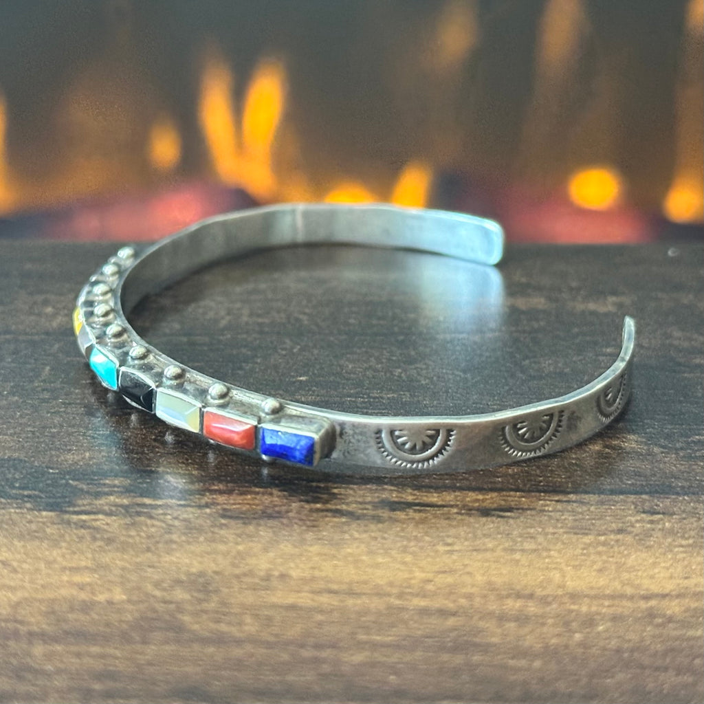 Zuni Ernest & Vivnita Bewanika Turquoise Lapis Red Coral MOP Jet 10 Stone Sterling Hand Stamped Stacker Cuff