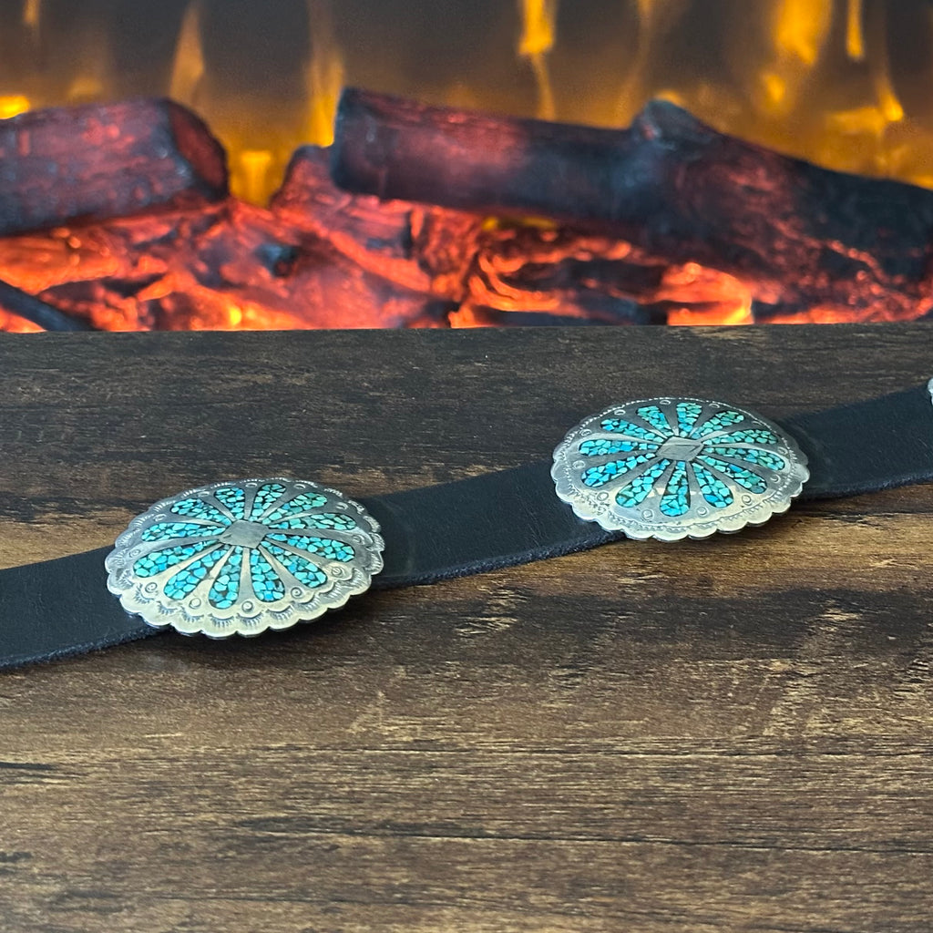 Crushed Turquoise 10 Concho Hand Stamped Floral Belt