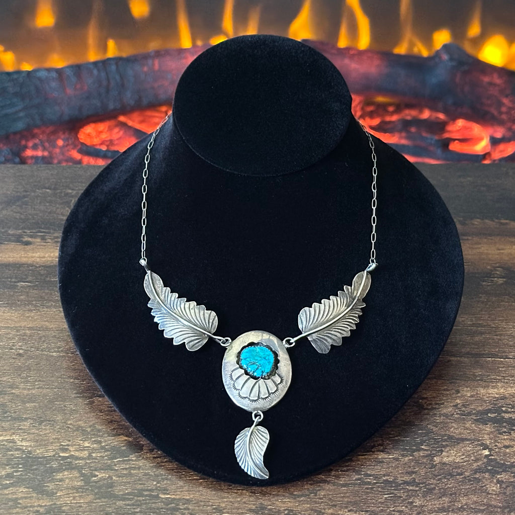 M Signed Vintage Turquoise Sterling Hand Stamped Shadowbox Feather Necklace