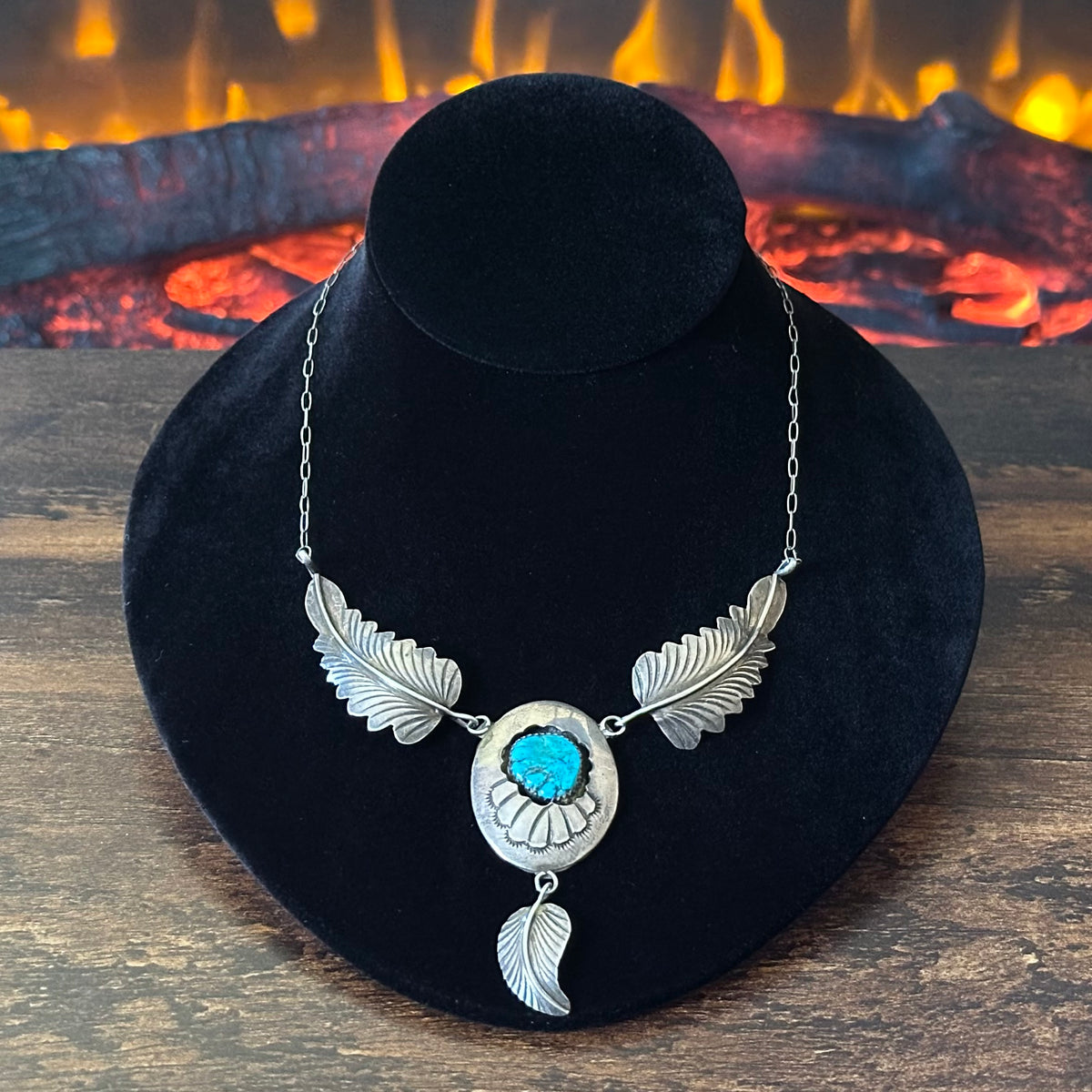 M Signed Vintage Turquoise Sterling Hand Stamped Shadowbox Feather Necklace