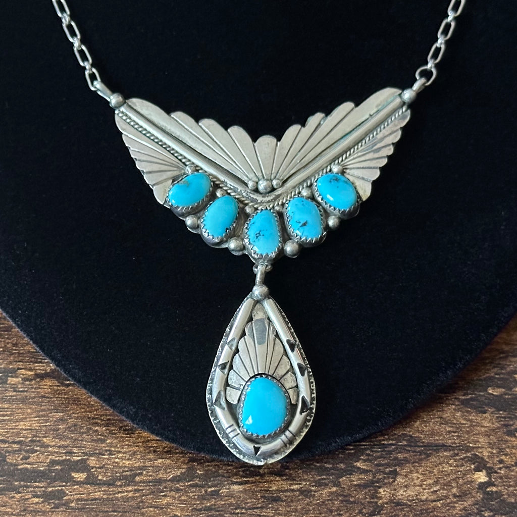 Turquoise 6 Stone Sterling Twist Wire Raindrop Necklace