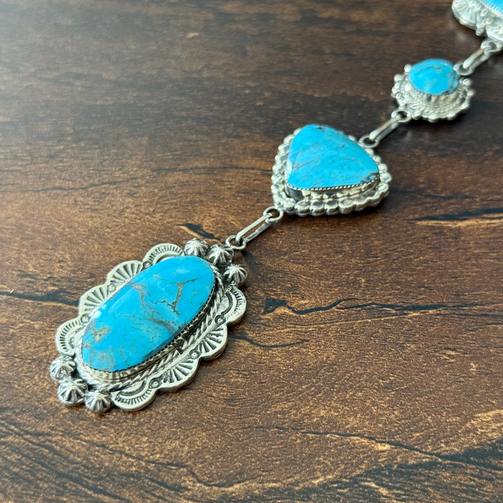 Running Bear Trading Turquoise 10 Stone Sterling Hand Stamped Twist Wire Bezel Lariat