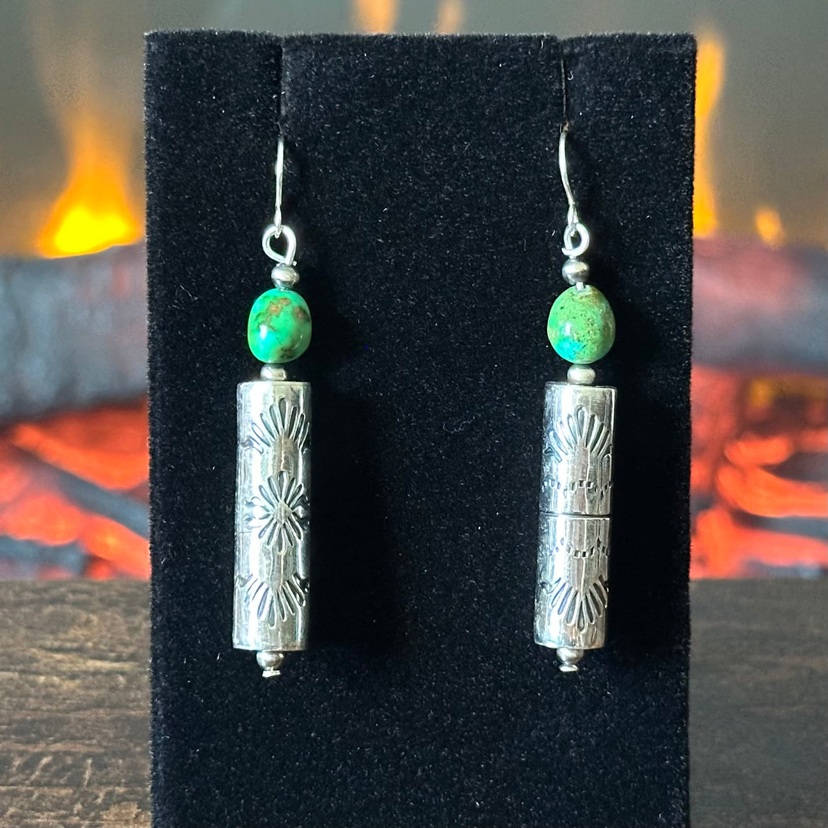 Zuni Kim Vuni Sonoran Gold Turquoise Sterling Handmade Cylinder Bead Stamped Dangle Earrings