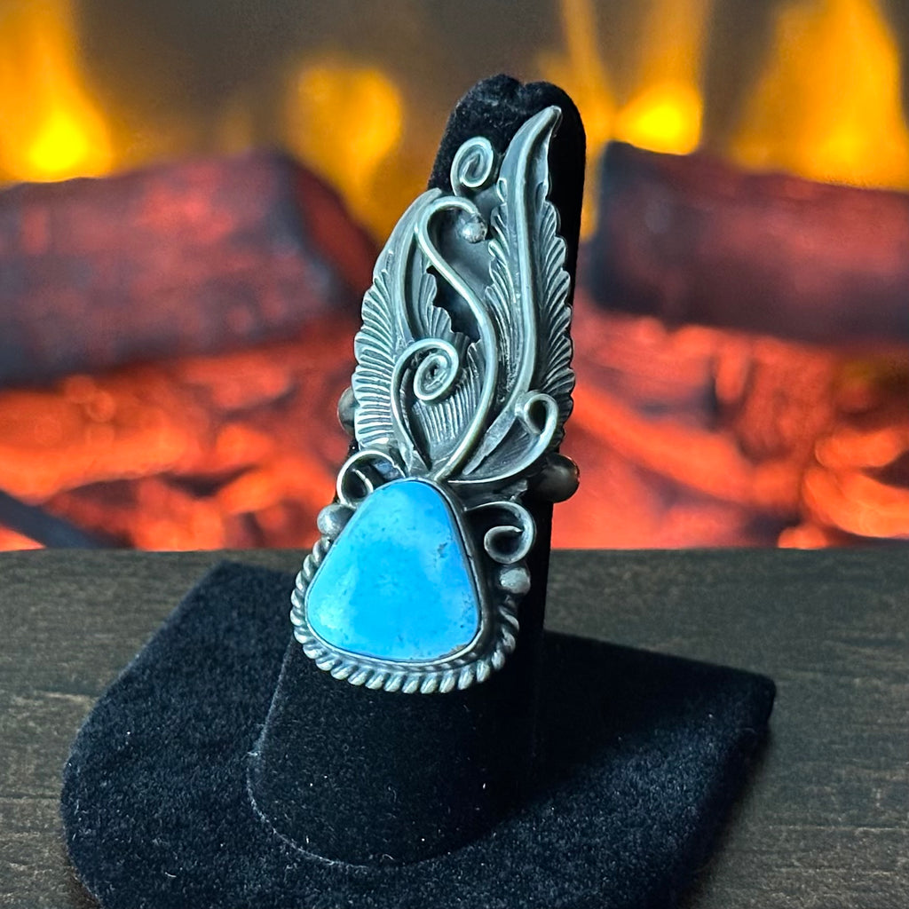 Navajo Jimmy Lee Golden Hills Turquoise Sterling Ornate Feather Twist Wire Statement Ring