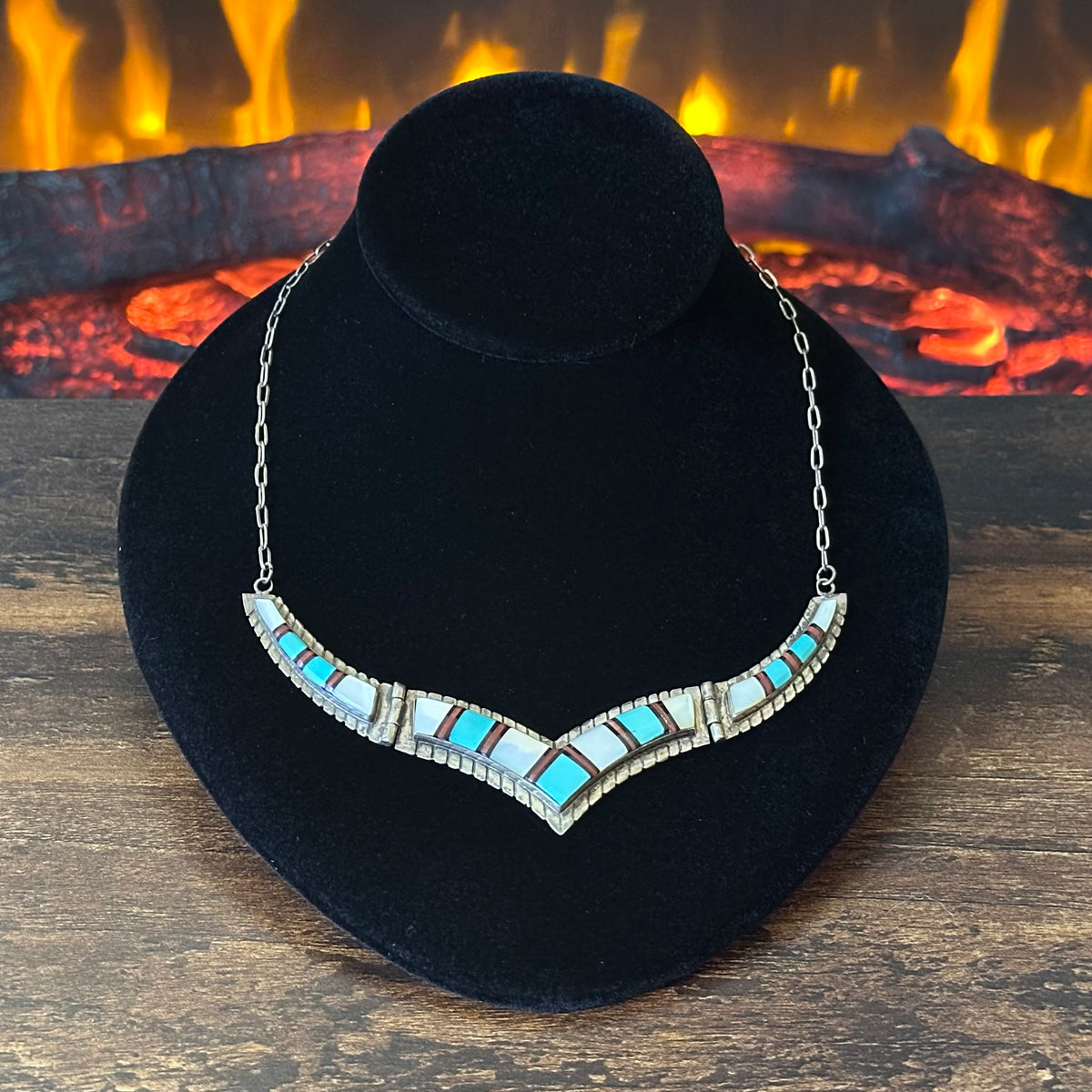 Vintage R Signed Turquoise Mother of Pearl Red Coral Sterling Hinged Inlay Necklace