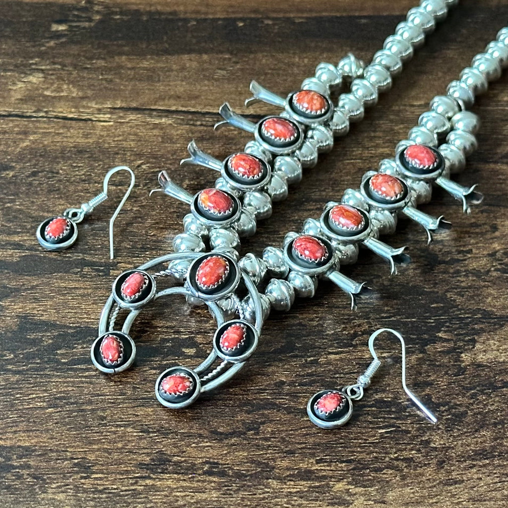 Navajo Phil & Lenora Garcia Red Spiny Oyster 13 Stone Sterling Squash Blossom Earrings Set