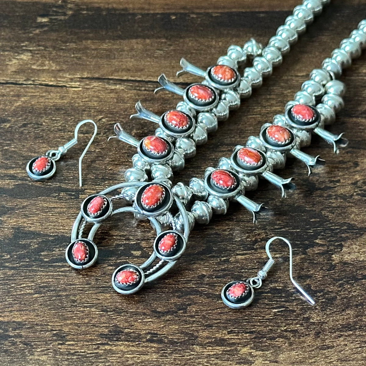 Navajo Phil & Lenora Garcia Red Spiny Oyster 13 Stone Sterling Squash Blossom Earrings Set