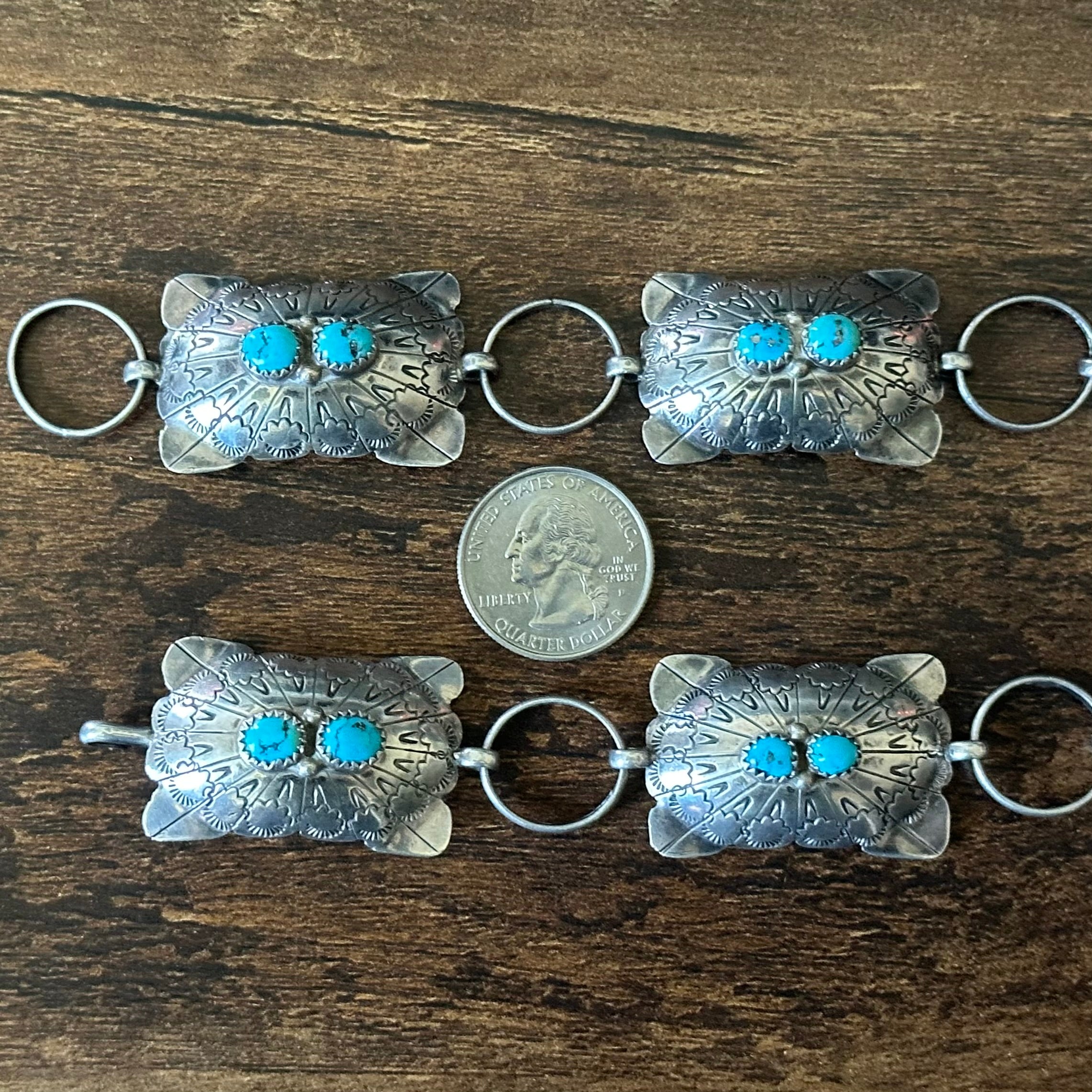 A.J. Signed Turquoise Double Stone 18 Sterling Concho Hand Stamped Belt
