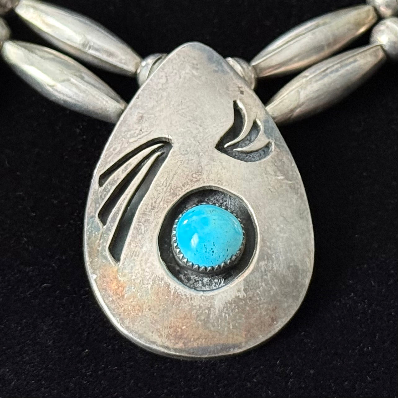 JF-562 Signed Turquoise 5 Stone Sterling Overlay Torpedo Bead Statement Necklace
