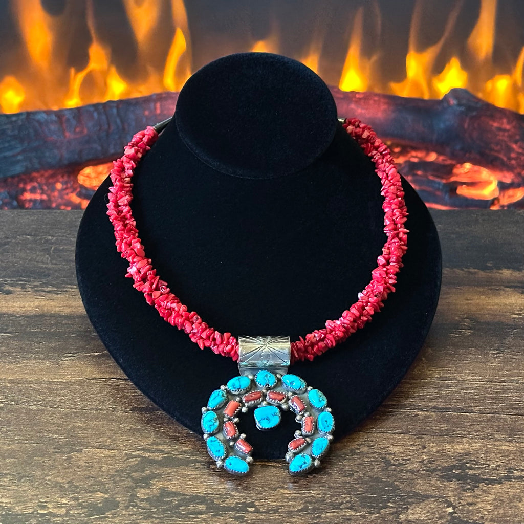 Running Bear Trading Turquoise Red Coral 20 Stone Sterling Triple Strand Hand Stamped Naja Pendant Necklace
