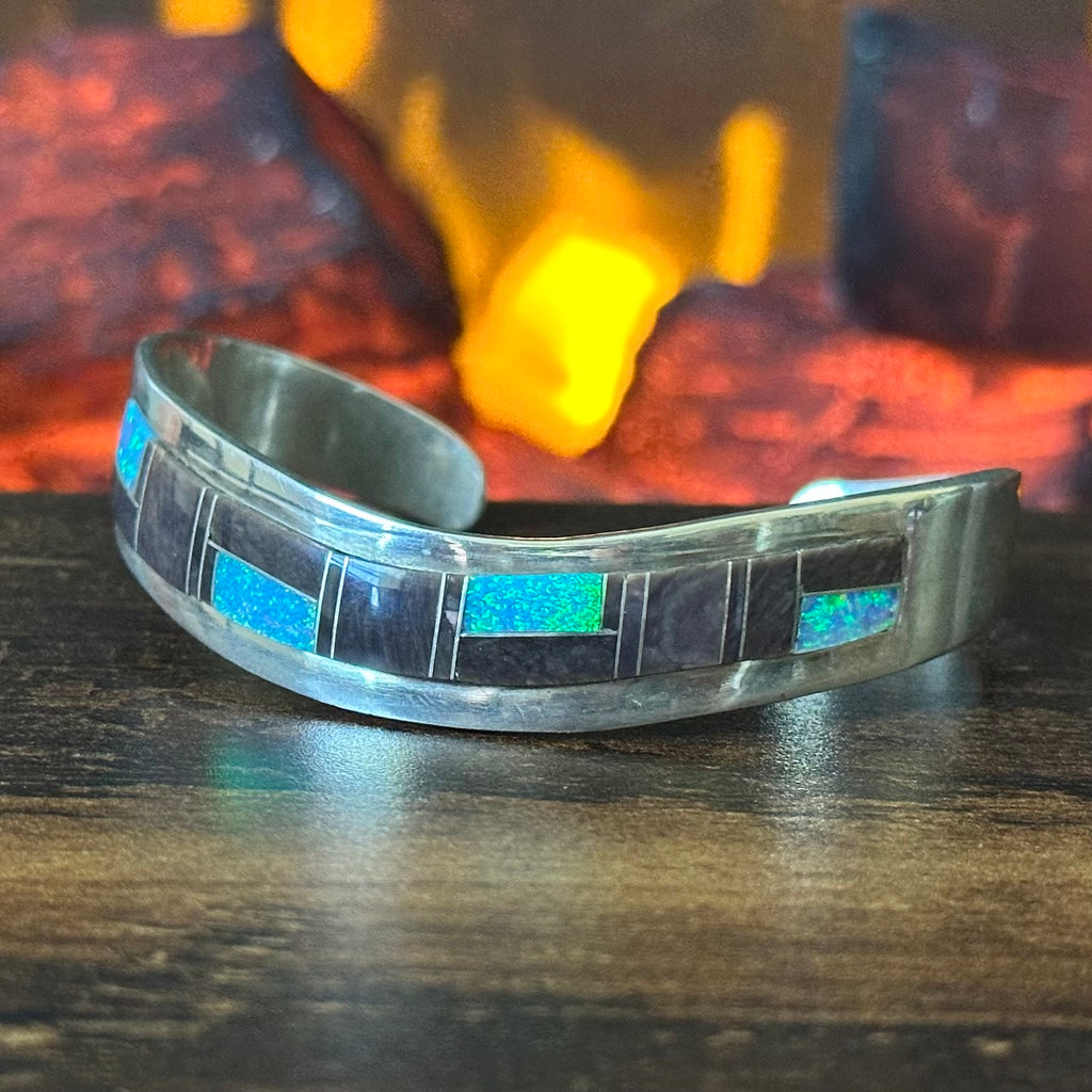 Jay Jay Signed Jasper Opal Sterling Geometric Inlay Cuff