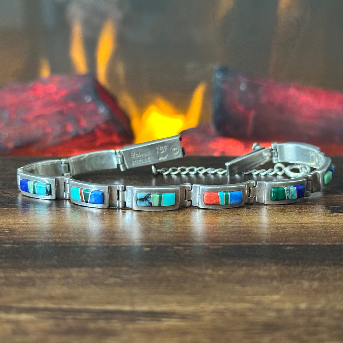 Navajo Calvin Begay Turquoise Lapis Spiny Oyster Malachite Sterling Inlay Bracelet